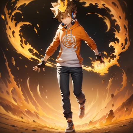 ((masterpiece, best quality)),(complex lighting),tsuna sawada , solo, 1boy,  <lora:Tsuna_Reborn2-10:0.6>, brown hair, fingerless gloves, 1boy, brown eyes, full body, headphones, male focus, flame headwear,jewelry, orange raglan hoodie, floating, floating light particles,x-gloves