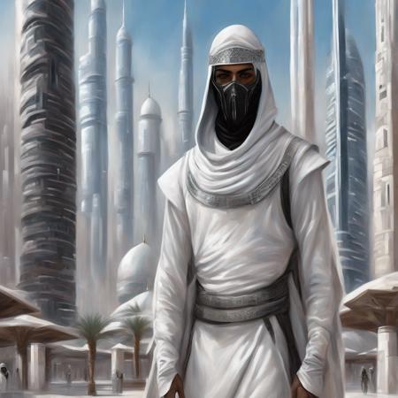 Clair-obscur, digital painting, oil painting, ((detailed portrait)), (full body) portrait of emirati arab "skyrim" fremen ninja iman sheikh wearing futuristic cyberpunk white cyber-onesie and white saudi Gutra headdress, in front of futuristic turkish moroccan skyscrapers made from white marble and black stone, "traditional 15th century arab architecture" and cyberpunk and spacepunk, in gorgeous french japanese jungle garden park oasis with purple and pink alien plants, in cyberpunk dubai "abu dabi" "kuala lumpur" singapore with lots of LCD screens and neon, retrofuturistic white armoured military dune buggies with arab decoration, in the style of arcane and fernanda suarez pascal blanche and Hermann Stenner and simon stalenhag and Gustavé Doré and alex grey and alphonse mucha and nekro and josan gonzalez and dishonored and bioshock and simon stalenhag and rembrandt and Roger Ballen and Yousuf Karsh and HR Giger and Dariusz Zawadzki and John Jude Palencar and David Cronenberg and Liam Wong and Zdzislaw Beksinski and Luis Buñuel and Takashi Miike and David Lynch and Luis Royo and jakub rozalski and Ilya Kuvshinov and Wlop and Artgerm, trending on artstation, featured on pixiv, dynamic lighting, hyper detailed, octane render, 8k 