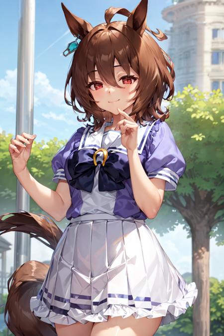 masterpiece, best quality,
agnes tachyon \(umamusume\), 
screen, closed mouth, smile,
single earring, tracen school uniform, summer uniform, serafuku, puffy short sleeves, purple bowtie, horseshoe ornament, sailor collar, sailor shirt, purple shirt, white skirt, pleated skirt, frilled skirt, 
<lora:agnes_tachyon_loha:0.7>