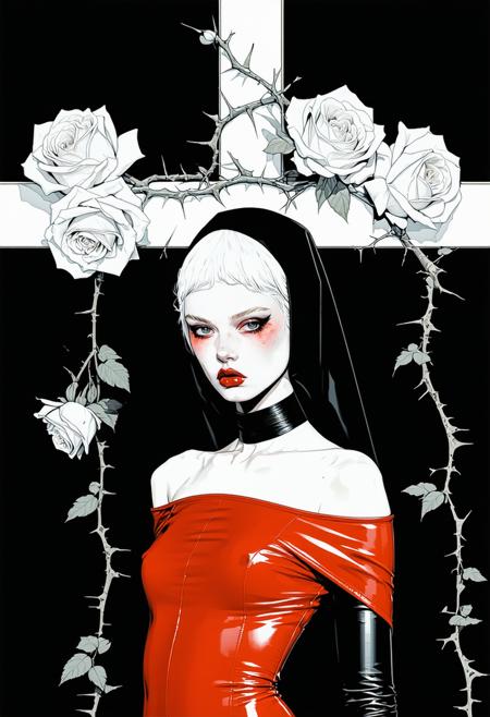 Digital illustration, inspired by the visual style of Patrick Nagel. Gothic masterpiece portrait, seductive model. She wearing a nun headdress, red latex, off shoulder mini dress. Posing against large cross with white roses, and thorn vine, in a moody atmosphere, dark background.