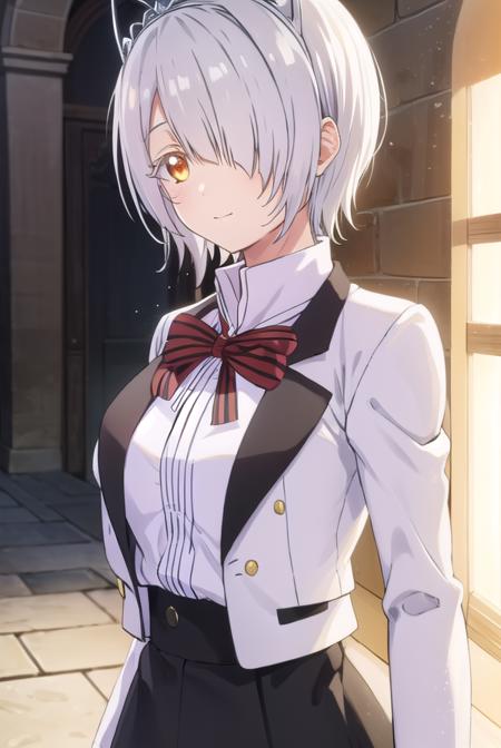 chartreuxwestia, <lora:chartreux westia s1-lora-nochekaiser:1>,
chartreux westia, short hair, bangs, (yellow eyes:1.3), grey hair, (hair over one eye:1.5), smile,
BREAK skirt, shirt, bow, school uniform, jacket, white shirt, striped, bowtie, black skirt, red bow, white jacket, tiara, striped bow,
BREAK indoors, classroom,
BREAK looking at viewer, (cowboy shot:1.5),
BREAK <lyco:GoodHands-beta2:1>, (masterpiece:1.2), best quality, high resolution, unity 8k wallpaper, (illustration:0.8), (beautiful detailed eyes:1.6), extremely detailed face, perfect lighting, extremely detailed CG, (perfect hands, perfect anatomy),