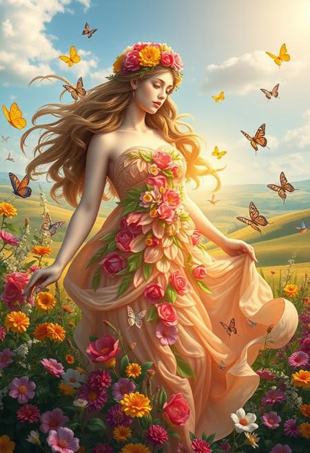 Masterpiece. An image of the goddess Flora, the Roman deity of flowers, spring, and renewal. She is depicted as a graceful figure with flowing hair adorned with a crown of vibrant blossoms. Her attire is a flowing, ethereal dress made of petals in shades of pink, green, and gold, symbolizing the abundance of nature. Surround her with a lush garden filled with colorful flowers in full bloom, delicate butterflies, and a soft golden light that enhances the scene's magical and serene atmosphere. The background should include rolling meadows and a clear blue sky. Fine art, Renaissance, Rinascimento, Roman, Antiquity, high-res, semi realistic, best quality, intricate details, ultra details, good lighting, vibrant colors, very detailed, octane render, ray tracing