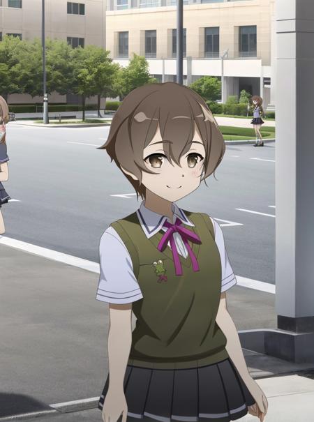 (outdoor activity),
 <lora:Fujimori_Mito-10:1>,1girl, solo,smile, short hair, skirt,brown hair, shirt, ribbon, brown eyes, school uniform, short sleeves, pleated skirt, green sweater vest