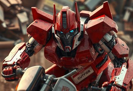 The image showcases a dramatic scene from the Transformers franchise, featuring a Junk Robot Camelcycle in a dynamic pose. The robot, primarily red and white, is set against a Junk Box background, emphasizing its vibrant colors. The image, rendered with Octane Render, showcases sharp lines, splash ink illustration, and hyper-realistic details, with a focus on the robot's intricate facial features and clothes. The cinematic lighting adds depth and emotion to the scene. High-resolution, 4K, exceptional quality, stunning colors, and harmonious composition make this image a standout. Trending on ArtstationHQ, it embodies contemporary aesthetics and showcases vivid emotions, a powerful message, and beautiful detailed eyes. The golden ratio is utilized in the impeccable composition and well-timed moment, highlighting the dynamic action pose and attractive background. Cinematic, dramatic lighting, Octane render, hyperrealism, illustration, 8k.
