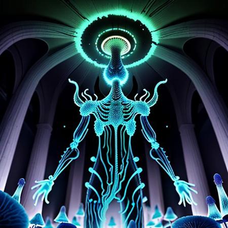 An eerie gigantic mushroom cathedral, its bioluminescent interior casting a soft, ethereal glow. The walls and ceiling are lined with cracked, glowing blue veins that mimic the intricate patterns of shattered glass, hinting at the presence of archaea and bacteria. In the center of this mystical space, a Kleptoparasi is a mixes of archaea/bacteria/mushroom/parasite/fungi a living virse humanoid entity, stands tall with its translucent bioluminescence glass like skin revealing a complex network of neon glowing veins in the same electric blue hue. Its eyes are two piercing dots of light that seem to pulse in sync with the surrounding fungal structure. The creature wears tattered robes made from what appear to be discarded membrane scraps, giving it an otherworldly, yet strangely organic appearance. As it steps into the heart of the cathedral, its veins flare up in a symphony of colorful flames—purple, teal, yellow, green, red, orange, and pink—manifesting its Kleptoparasitism Striker form. Its hands are now engulfed in a fiery dance of multiple hues, each flame representing a different type of energy stolen from various hosts. The parasite's posture is one of determination, its eyes focused on the horizon of the mushroom forest beyond, symbolizing its relentless pursuit of new life to infect and adapt to. The scene is a mesmerizing blend of beauty and horror, showcasing the delicate balance of life