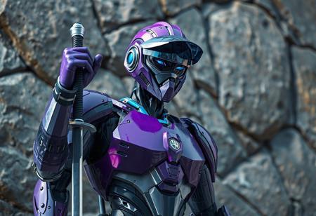 A hyperrealistic digital painting, 8K resolution, rendered in Octane and Unreal Engine 5. Style: Raphael meets Houdini, with a splash ink effect. Subject: A robot-like figure, predominantly purple and gray with blue and white accents, stands against a detailed rocky wall. The robot wears a helmet with a visor; its right hand grips a sword, while its left hand is raised in a dynamic gesture. Lighting: Captivating and dramatic, utilizing a Grammer effect. Composition: Impeccable, utilizing the Golden Ratio, with a creative angle and isometric perspective. Details: Super detailed face, eyes, and clothing; sharp lines and brushstrokes; harmonious, multicolored contemporary aesthetics. Background: A beautifully rendered matte painting of a rocky wall, providing a stark contrast to the robot. Overall mood: A blend of futuristic and fantasy, conveying vivid emotions and a powerful message. Keywords: ArtStation trending, CGSociety, high-res, 4K, exceptional quality, lifelike details, handcrafted precision, stunning colors, dynamic action pose, well-timed moment, hyperrealistic, masterpiece.