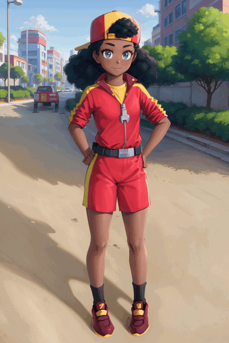 megBS, dark skin, dark-skinned female, black hair, afro, baseball cap, backwards hat, red jacket, yellow shirt, short sleeves, belt, red shorts, black socks, red footwear