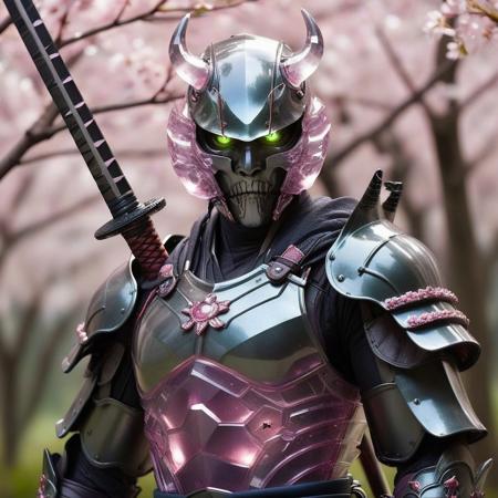 cs-cr1stal-v2, A realistic Samurai holding a sword, solo, armor made of glass, 1boy, male focus, holding, dual wielding, samurai, helmet made of glass, horns, holding sword, japanese armor made of glass, light pink skin, green eyes, full body, fighting stance, Tokio background, tokio, Sakura tree made of glass, cherry blossom tree, tree made of glass, glowing, glowing eyes, sheath, standing, gloves, teeth, japanese clothes, white hair, shoulder armor, demon, looking at viewer, stained glass mask, ponytail, fangs, sharp teeth, glass armor