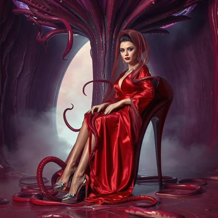 classy rich slender sultry alluring russian evil queen in red thin glossy satin   provocative slutty whorish  rich 1950s robe   and  glossy high heels, jewels, entangled in long tentacles, sitting in giant glossy high heel fetish  shoe with golden lining, covered with giant ultrathin transparent glossy slime veils,  under slimy tentacles canopy,  giant portal to outer space, fog from the floor, surrounded by giant purple alien carnivorous flower with glossy spiked petals at background, weird alien hive slime walls and fleshy floor, horror, fashion look, hollywood, vogue makeup, porcelain skin, long haired, ultrathin waisym reminiscent of H.R. Giger, Zdzisław Beksinski, and Ash Thorp's dark, sleek styles, with close-up glamour photography, glossy satin and silver heels glistening, fleshy slime dripping, and dark shadows.