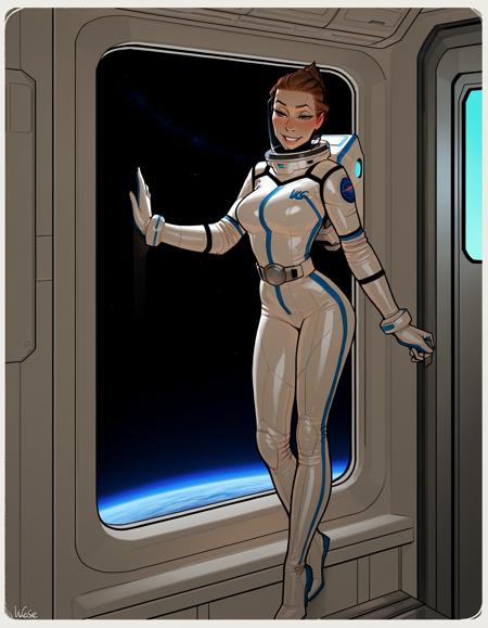 IllustriousQual, detailed face,
tall woman, milf, solo, thick build, long brown hair, hair pulled back, medium breasts, long legs, (muscular thighs:0.3),
flirty smiling, wearing a spacesuit and helmet, on a space station, posing in an airlock, view of blue planet out of window,
<lora:incaseIllustrious:0.8> incase style,