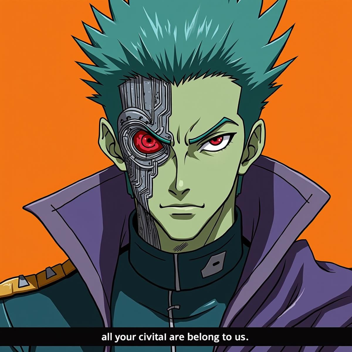 anime style,close-up shot,  1 man, long spiky aqua hair, green skin, cybernetic patch on left  side of face from eyebrow to chin  with intricate circuitry, aqua military uniform, red eye, purple flowing cape, solid  black line on the bottom containing the caption "all your civtAI are belong to us", solid orange background