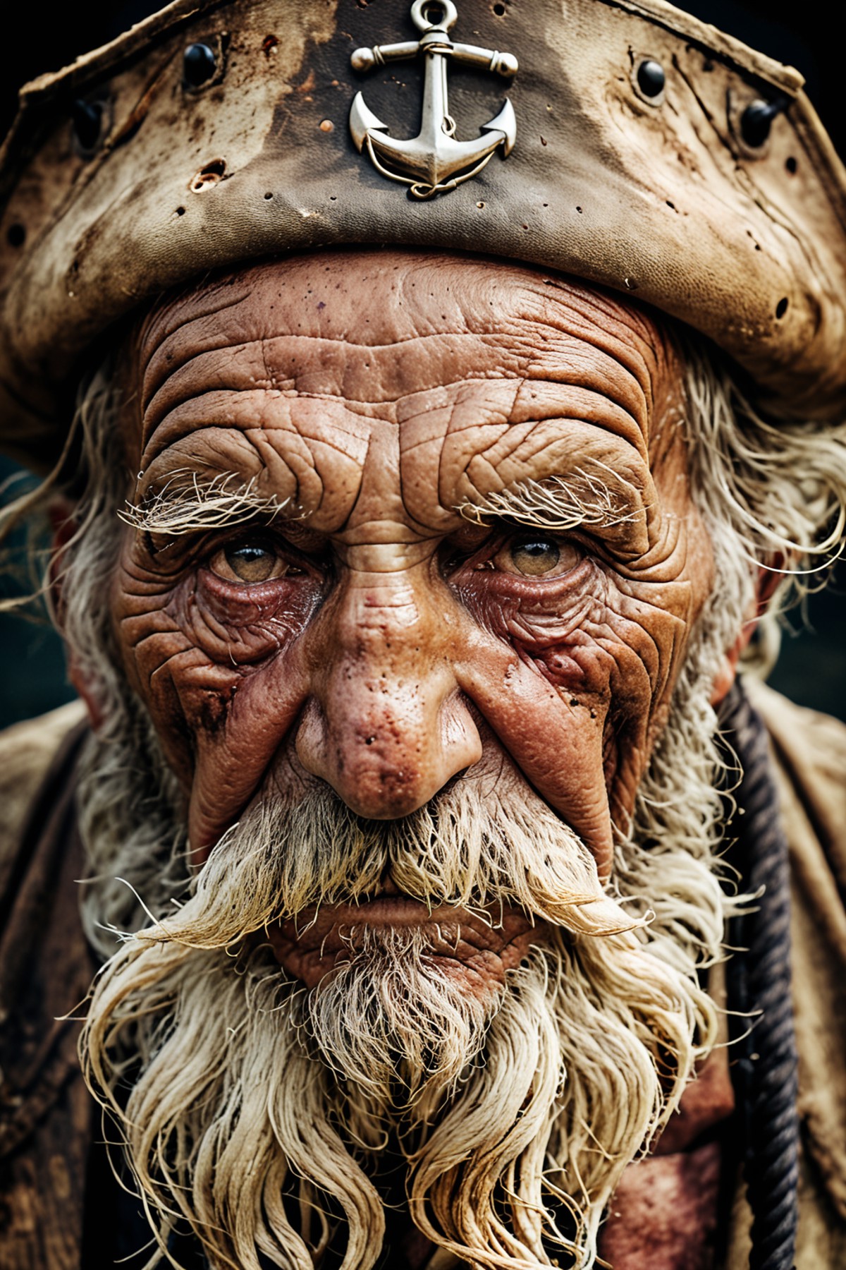 a grungy old sea captain, with wrinkly face, high detail high definition photograph or immense resolution and intricate ca...
