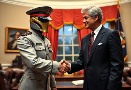 classic cobra commander in an immaculate military dress uniform posing for photo shaking hands with president clinton of the united states in sharp suit inside the oval office, real photograph, gi joe, photorealistic, correct hands, correct fingers, presidential seal, vote button, campaign photo, election, elegant scene