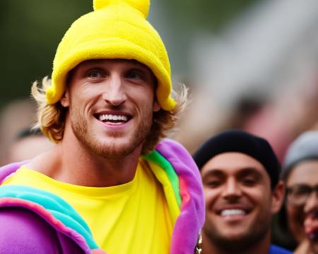 <lora:Logan Paul - Trigger with Loganpaul Person:1> loganpaul person film shot of dressed as a Teletubby in rainbow colors at a biker rally on his birthday, He appears in the background and walks away wearing a rainbow hat. [endprompt] I could feel my heartbeat as he walked, This had happened once before and it was over pretty soon, Now, I remember as my stomach started to hurt like hell, but then he came into my life again without a doubt, He walked away wearing a rainbow hat again. [newline] What am