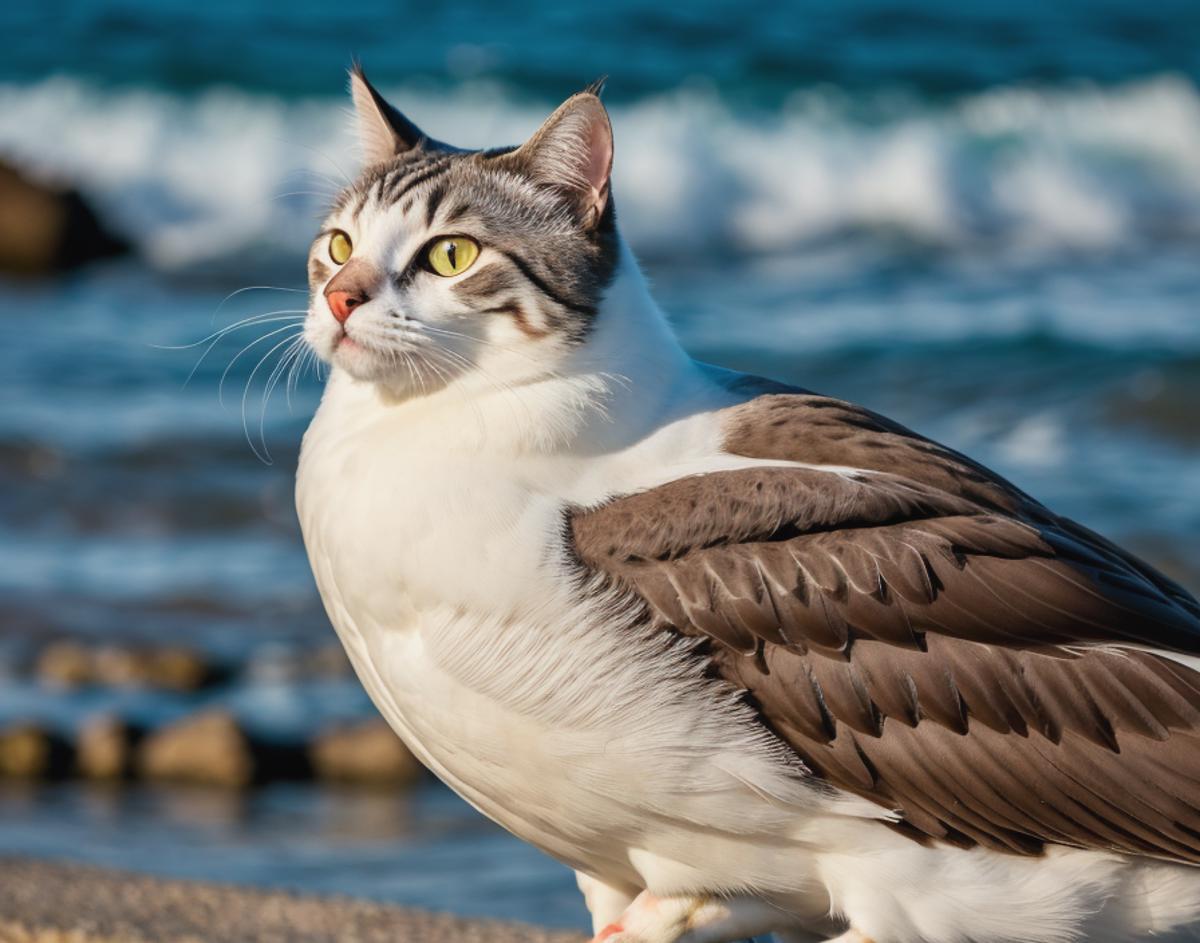 A cat with a bird's wing standing on the beach.