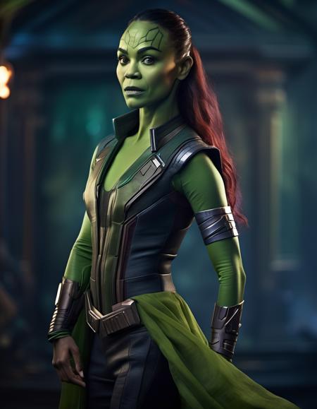 professional portrait photo of zsldngotg woman,  ((green skin)), dressed as Gamora from Guardians of the Galaxy, action pose, cinematic lighting, <lora:Zoe Saldana-000005:1>