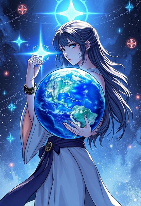 Female holding a blue planet, blue star, surrounded by stars and orbs, style of Glen K, Alice X. Zhang, Genshin Impact, UDH, HDR, backlit, masterpiece, best quality, ultra-detailed, dynamic angle, dark metal gear solid comic panel, blue nebula