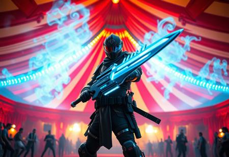 expert Intricate Dynamic action pose, Elemental HERO Liquid Soldier, holding Electro Blaster & Sword soul, black armor, mysterious helmet visor, standing confidently amidst vibrant red & orange striped circus tent, Trickstar Festival background, blurred spectator crowd, captivating lighting, intense focus, 4K, cinematic, trending on ArtstationHQ, CGSociety, Octane Render, Unreal Engine 5, Splash Ink Illustration, Impeccable Composition, Dynamic Action Pose, Harmonious Colors, Matte Painting, Creative Angle, Golden Ratio.