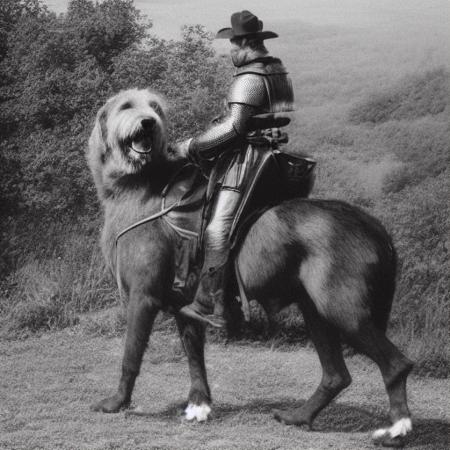 Photo of knight on horseback with Irish_wolfhound, in front of a medieval castle<lora:IWolf:1>