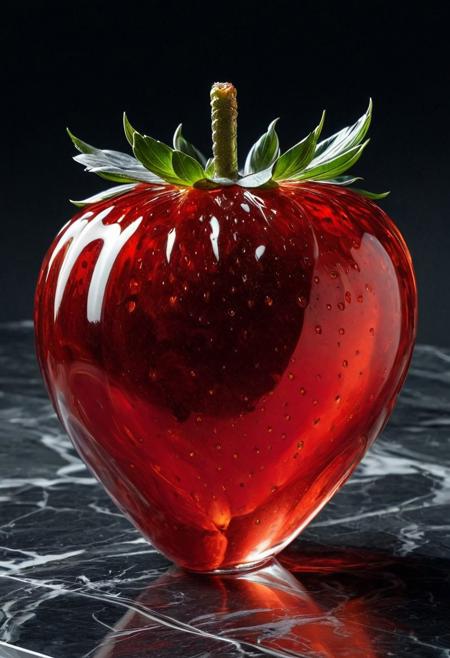 A hyper-realistic strawberry made of transparent glass, half-filled with thick dark red blood that pools at the bottom. The glass is crystal clear with delicate refractive distortions, while the blood is dense, glossy, and slightly coagulated. The strawberry rests on a cold marble surface with faint blood smears, illuminated by dramatic low-key lighting that creates sharp reflections and deep shadows. The atmosphere is haunting yet elegant, cinematic, ultra-detailed, 8K, photorealistic.