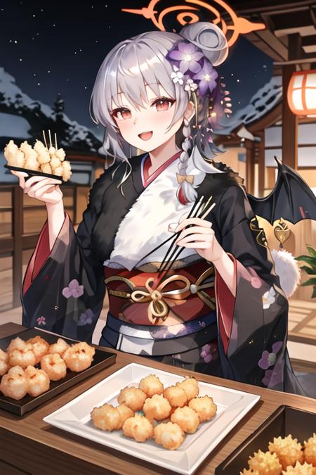 best quality, masterpiece, highres, solo, {haruna_bluearchive:1.15}, red_eyes, halo, braid, smile, wings, bangs, long_hair, grey_hair, blush, breasts, bow, white_hair, hair_bow, 1girl, chopsticks, flower, food, fur_collar, hair_bun, hair_flower, hair_ornament, holding, holding_chopsticks, japanese_clothes, kimono, official_alternate_costume, single_hair_bun, tempura, shrimp, shrimp_tempura, single_wing, looking_at_viewer, demon_wings, long_sleeves, open_mouth, upper_body, wide_sleeves, fur_trim, obi, purple_kimono, sash