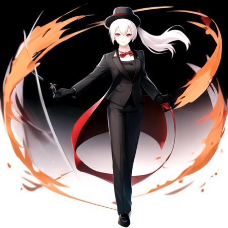 Masterpiece, highest Quality, Highest Resolution, Anime styles, colorful anime style lighting, anime style face, Grand Summoners, solo, full body, simple backgrounds, Distinct character design, Tuxedo, 1girl, gloves, fedora, ponytail, smiling, red eyes, white hair, standing, holding gun, bow tie,