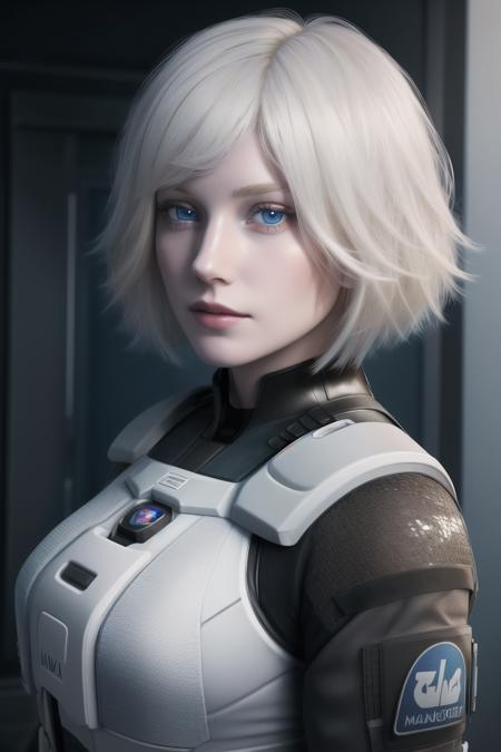 <lora:iana_(rainbow_six):0.8>, iana (rainbow six), masterpiece, best quality, 1girl, solo, realistic, short hair, emblem, blue eyes, looking at viewer, blonde hair, upper body, white hair, pale skin,