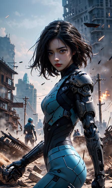 Epic CG masterpiece, hdr,dtm, full ha,8K, ultra detailed graphic tension, dynamic poses, stunning colors, 3D rendering, surrealism, cinematic lighting effects, realism, 00 renderer, super realistic, full - body photos, super vista, super wide Angle, HD
In a futuristic abandoned city, a girl with a huge mechanical arm is engaged in a fierce struggle with the enemy, Her name is Alita, a fighting angel from the future world, Her eyes are firm and resolute, showing the desire for victory, high-definition picture, real effect, hyper-realistic portraits, xiaofei yue, uniformly staged images, flat yet expressive, goth
(shard of glass:1.4)A shot with tension(sky glows cyan,Visual impact,giving the poster a dynamic and visually striking appearance:1.2),
<lora:~Q?-?N=XT Alita:0.8>