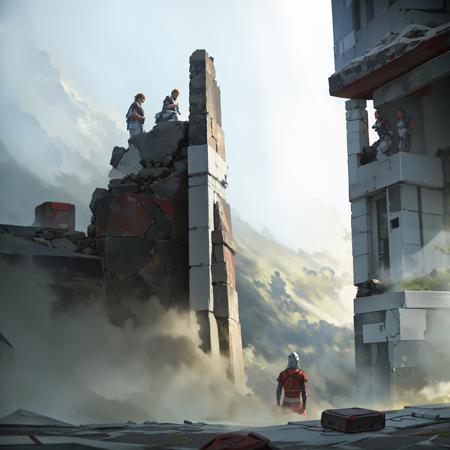 masterpiece, best quality, key shot of a sci-fi film.an illustration of a sci-fi film.8K.ultra clear detailed.1girl with sci-fi creature,wearing a facemask,sim-realastic,river, rock, rubble, ruins, scenery, sky, fog <lora:sci_fiKey_shot:1>