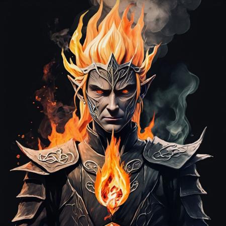Sauron from LOTR in his elven form in flames and smoke in naruto anime drawing art style, watercolor, with a dark background
