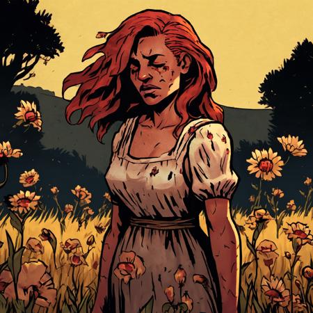 high-quality artwork in dgst artstyle of medium-shot of an eyeless 31 year old woman with long red hair wearing a summer dress standing in a field of flowers on a sunny warm summer day