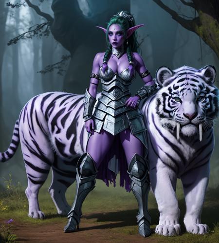 (high quality:1.1), extremely detailed, shadow,
TNDbfa, elf, 1girl, purple skin, (standing near white tiger, headpat),
looking at viewer, determined,
long pointy ears, green hair, long hair, ponytail, braids, twinbraids, thick lips, purple lips, makeup, (black sclera:1.2), glowing eyes,
armoroutfit,  bare shoulders, armlet, bracelet, armored boots,
large breasts, cleavage,
purple forest, twilight, night,
<lora:TyrandeTNDBfA:0.9>  <lyco:goodhandsBeta2.L2r5:1>