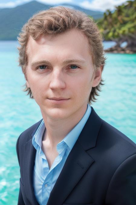 a young man in an dark blue suit, on a yacht, vacation photo, [smiling:0.8], island paradise in background, (close up, head shot), (raw, 8k, uhd, fujifilm xt3), sharp, highly detailed face, perfect day, <lora:paulDano:1>