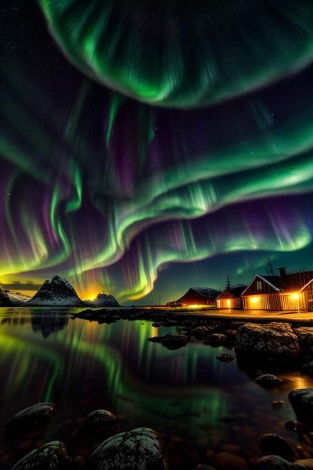 Stunning Aurora Borealis lighting up the night sky over the Lofoten Islands coastline, vibrant colors and dynamic movement in the sky, shimmering reflections on calm waters, high detail, long exposure effect, breathtaking scenery