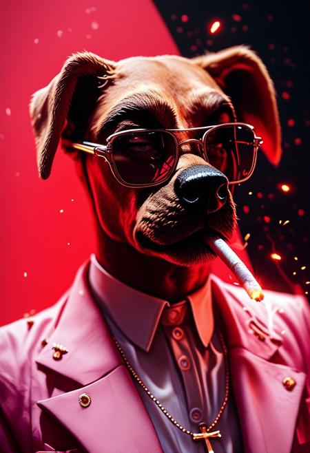 (score_9, score_8_up), score_7_up, (((dog))), simple background, wearing sunglasses, jewelry, upper body, necklace, cross, red background, suit, pink theme, gangster style, smoking a cigarette,
, 
depth of field, blurry background, black background, dark, CINE, embers, 
 <lora:unholy-000009:0.75>   <lora:CINE-000008:0.5>