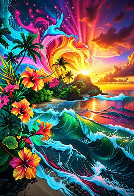 zavy-fltlnpnt, an island, a magical island setting in hawaii, made up of surreal imagery, colorful lights of a beautiful sunset swirl and streak across the sky creating fantastical imagery. Magical scenery blending the ideas of cool relaxing ocean waves and swaying green palm trees, beautiful hibiscus flowers blooming in all various colors leaving a soothing calm and colorful spectacle of wonder. Colorful light show, thick lines, line art, flat art, enhanced background, creative, beautiful, vibrant, masterpiece, 8k, Ultra HD, amazing details, amazing quality, amazing artist, sharp edges, detailed textures, full view, atmospheric lighting, amazing visuals