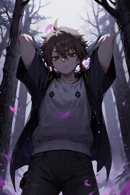 Indra, masterpiece, best quality, 1boy, brown hair, black shirt, black shorts, long ponytail, red eyes, short eyebrows, (purple aura:1.4, particles), forest, upper body, (night), fog, arms behind head, looking away <lora:Indra_Ôtsutsuki__Character_LoRA_Naruto:1>