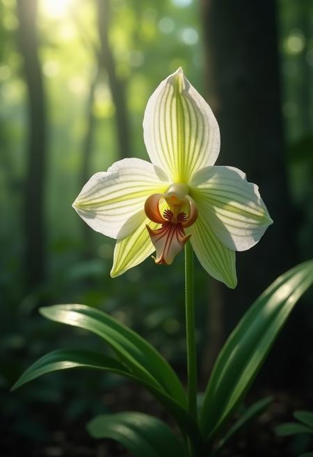 Ultra realistic photograph of a translucent prismatic orchid growing in a dense rainforest, green stem, yonic, dappled sunlight