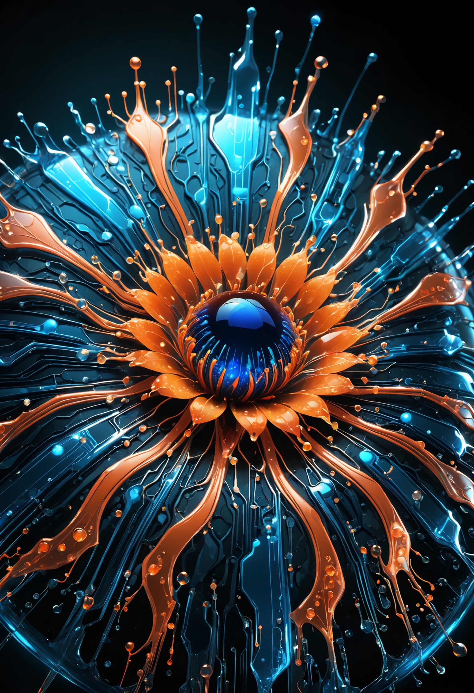iccircuitart,orange and blue theme,macro photo, sparkling magical fantasy glass flower dewdrop, very detailed, amazing qua...
