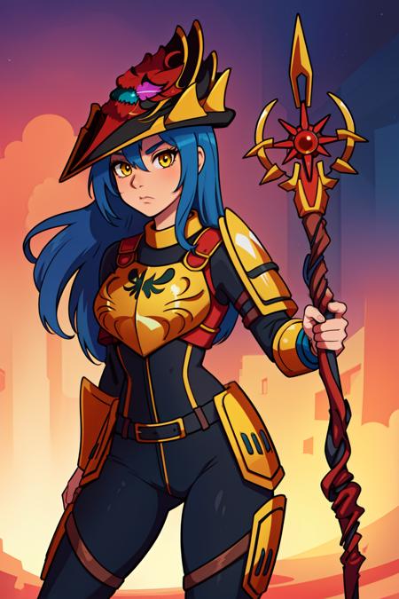 Dang_rs3 blue hair, long hair, yellow eyes, black body suit, breastplate, red armor, hat, fingerless gloves,