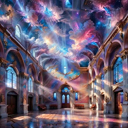 Hyperrealistic hall detailed with religious overtones,sun rays through the windows,ethereal cloud angels with shimmering outlines,vast sky with swirling galaxies,cosmic colors (purples, blues, pinks),(dramatic lighting),mystical atmosphere,majestic,creation,(Michelangelo impression),masterpiece,highly detailed,<lora:RMSDXL_Enhance:0.8>,<lora:RMSDXL_Creative:0.8>,<lora:xl_more_art-full_v1:0.8>,<lora:add-detail-xl:0.8>,<lora:sunlight_str1:1>,