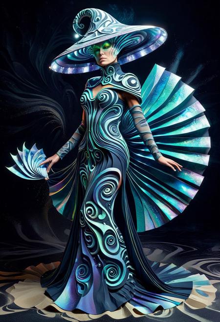 best quality, masterpiece, high resolution, intricate detailed,
PsychadelicChaos,
beautiful photo of a Avant-garde Fashion - Model, wearing surreal futuristic sandswirl costume, psychadelic ornaments, folded paper fans hat made of swirling sand,
iridescent, alien clothing. full body, 
rays of light, natural light,
simple dark background,