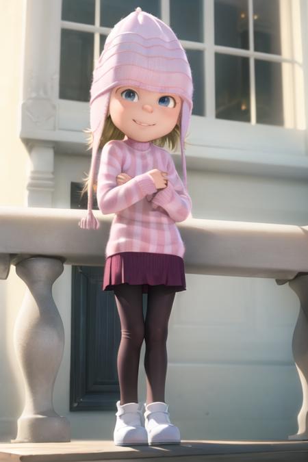 1girl, female child, edith, grey eyes, blonde hair, hat, sweaters, skirt, pantyhose, shoes, full body, standing, smile, (looking at viewer:1.3), balcony <lora:edith-000004:1>