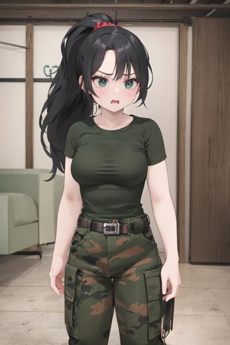 bootsnutes, <lora:bootsnutes3:0.6>, shirt tucked in, green shirt, t-shirt, camouflage pants, black belt, belt buckle, 1girl, small breasts, black hair, ponytail, angry, tavern