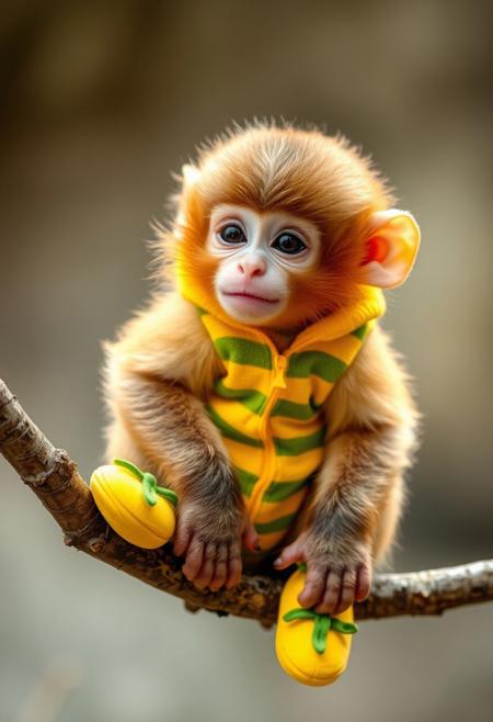 "A precious, adorable baby monkey, its fluffy, soft fur a warm, golden brown, sat perched on a branch, wearing a bright, sunny banana-themed onesie and matching slippers. The onesie, a vibrant, yellow and green striped design, seemed to glow with a warm, happy light, as if infused with the sweetness and joy of a ripe, juicy banana. The slippers, tiny, banana-shaped shoes with delicate, green leaves, added a touch of whimsy and playfulness to the overall design, as if the baby monkey were ready to dance and play in its favorite fruit-filled paradise. The baby monkey's face, a sweet, innocent visage with a tiny, pink nose and a mischievous, twinkling eye, seemed to shine with a warm, happy glow, as if it were the epitome of joy and contentment. The overall effect was one of heartwarming, adorable cuteness, as if the baby monkey were a living, breathing embodiment of the sweetness and delight of a ripe, juicy banana."