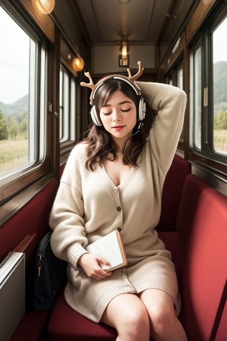 From a selfie perspective, the image captures a young woman with delicate antlers sprouting from her head, a whimsical touch that suggests a blend of the natural and the fantastical. She's seated comfortably on a train, the rhythmic sway of the carriage adding a sense of motion to the scene. Her eyes are closed, lost in the music that pours through her headphones, a pair of sleek, over-ear headphones that not only provide her with an auditory escape but also serve as a stylish accessory.
The train's interior is a mix of modern design and vintage charm, with plush seats and polished wood accents that reflect the passing landscape in a blur of colors. Outside the window, glimpses of the countryside flash byarolling hills, patches of forest, and the occasional snapshot of a quaint village. The warm sunlight filters through the window, casting a soft glow on the woman's face, highlighting her peaceful expression and the gentle curve of her antlers.
Her attire is casual yet chic, a simple yet elegant dress that complements the relaxed atmosphere of the train journey. A light cardigan is draped over her shoulders, ready to provide warmth against the chill that might seep in from the open window. Her hands are poised over a book that rests on her lap, the title of which is just out of frame, inviting the viewer to wonder about her literary choices.