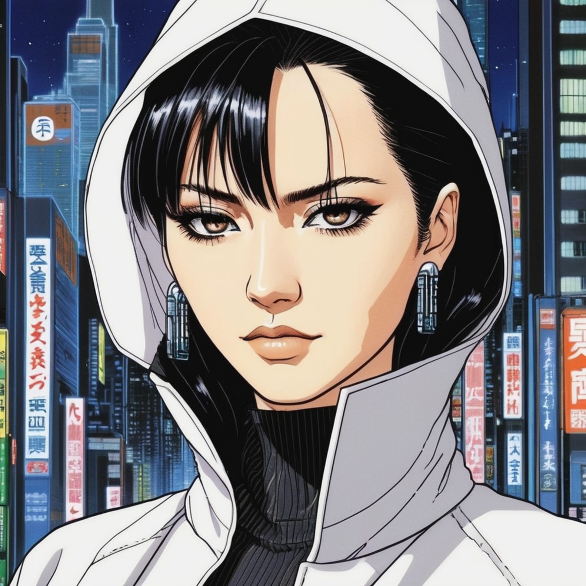 ((90s Anime style illustrattion)) drawing of a closeup on face of woman wearing a long matrix coat,futuristic city in the ...