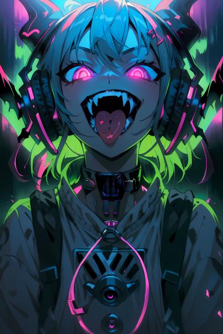 (ultra-detailed), (masterpiece), (best quality), (depth of field), (sharp focus), (cinematic lighting), (vibrant colors),   <lora:PSYCHOPHONKY:1>  1girl, crazy smile, fangs, tongue sticking out, glowing eyes, dynamic pose, upper body shot, monster, headphones, streetwear