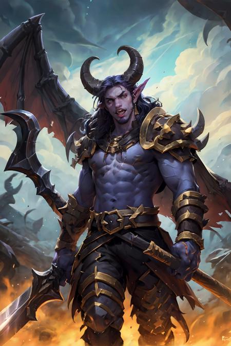 HEZI, Hearthstone, horns, wings, weapon, male focus, glowing, glowing eyes, cloud, multiple boys, muscular, sky, holding, cloudy sky, long hair, colored skin, 3boys, topless male, holding weapon, scythe, pointy ears, extra arms, demon, fire, muscular male, polearm, demon wings, sword, night, solo focus, open mouth, tattoo, demon horns, black hair, 1boy, outdoors, dual wielding, standing, bow \(weapon\), abs, night sky, glowing weapon, purple skin, rock, pants, jewelry, spear<lora:çå­ç³»åââçç³ä¼ è¯´é£æ ¼:0.7>,