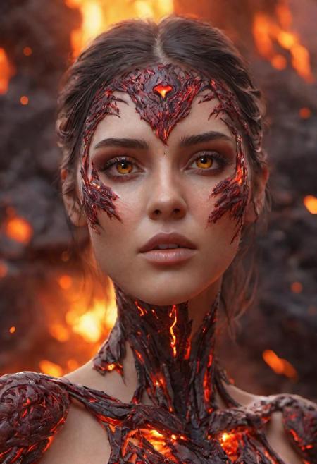 (a beautiful 25 year old woman goddess emerging from lava), hyper detailed skin, (high quality:1.3),(best quality:1.3), (glowing red eyes), (masterpiece:1.3), official wallpaper,4k textures, alluring gaze, (extremely detailed, hyper detailed),sharp focus, (big alert eyes that sparkle with mischief and curiosity), (a small proportional nose that compliments the rest of her face), (full lips that are soft and enticing), (smooth skin that glows with radiance), (a well-defined jawline that accentuates her facial features), (shallow depth of field), F1/8, (messy dark black hair), (large breasts:1.2), NSFW, hard nipples, (full body shot), full view of subject, smokey, dripping lava, volcano, emerging from lava, (red ethereal glow), glowing, Hyperdetailed Photography, (lava lipstick), flowing lava, lava flow